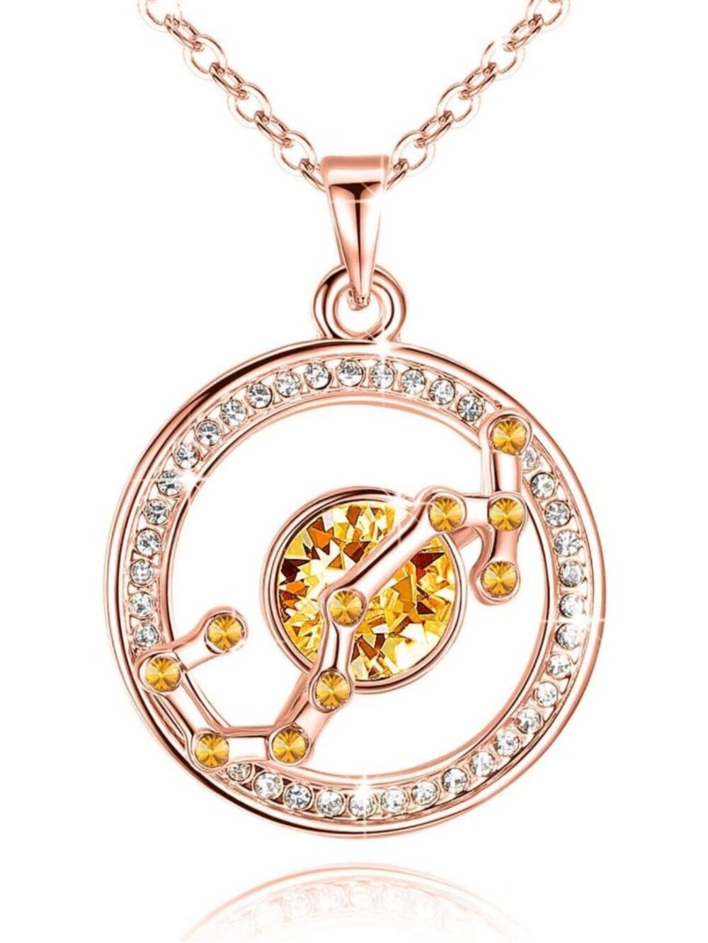 Zodiac Constellation Pendant Necklace for Women, Rose Gold, Crystal Horoscope